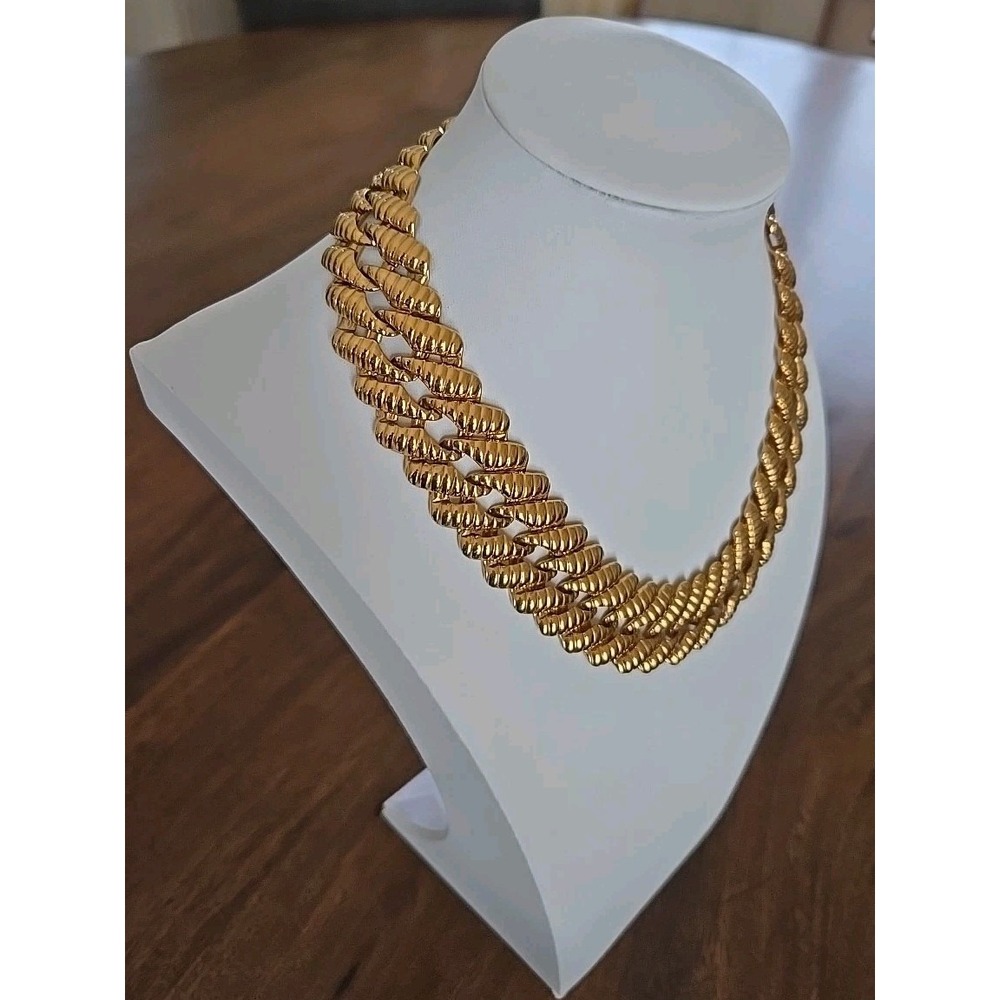 VTG Napier Gold Tone Statement Bib Necklace Ribbed 18" Link Bold/Beautiful EUC - Picture 2 of 10